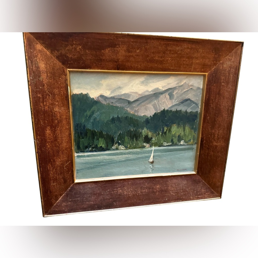Vintage 1955 Jean Newman Germany sign oil on board painting wood frame sailboat - Picture 1 of 1
